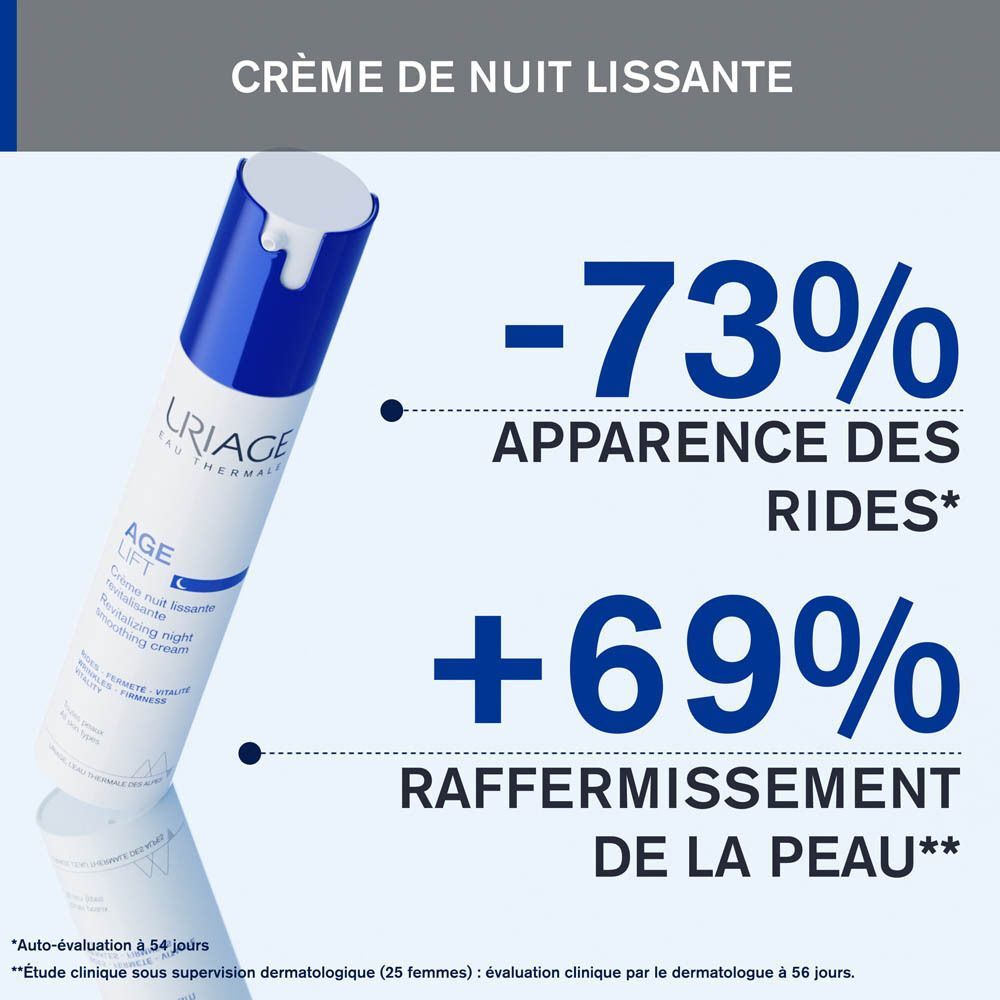Uriage Age Lift crème de nuit avec texte: -73% Apparence des rides, +69% Raffermissement de la peau. Texte: Crème de nuit lissante.