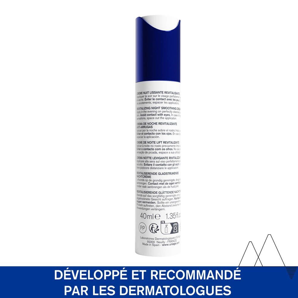Dos de la crème de nuit Uriage Age Lift. Texte: 40ml 1.35 fl.oz. Texte: Développé et recommandé par les dermatologues.
