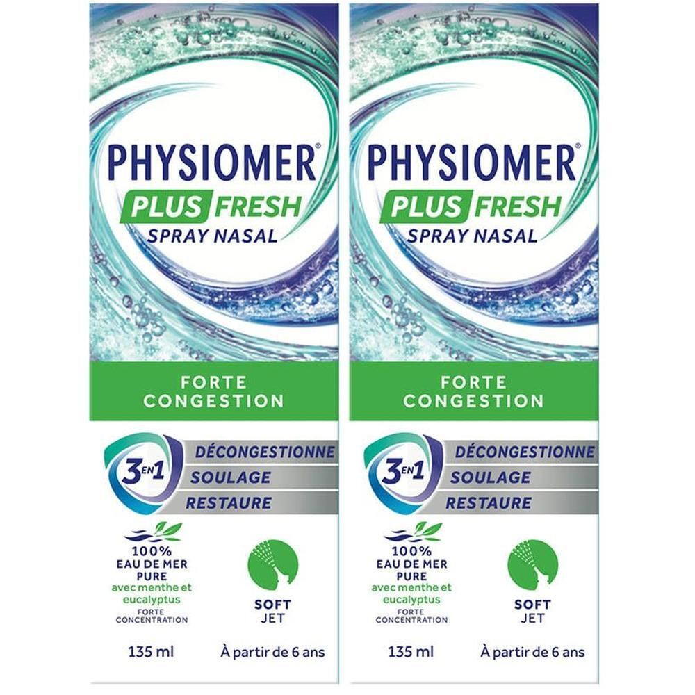 Deux boîtes de spray nasal Physiomer Plus Fresh, Forte Congestion, 135 ml.