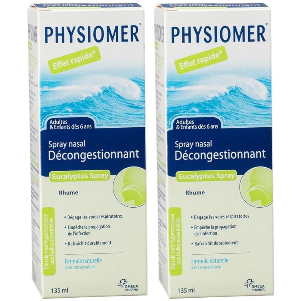 Deux boîtes de spray nasal PHYSIOMER. Inscription: Décongestionnant, Eucalyptus Spray, Rhume. Contient 135 ml.