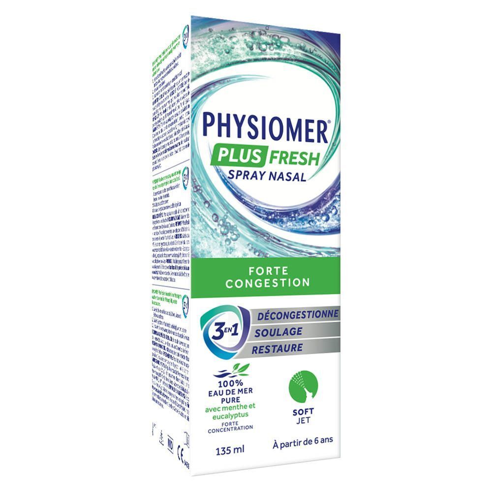 Boîte de spray nasal Physiomer Plus Fresh, Forte Congestion, 135 ml, vue latérale.
