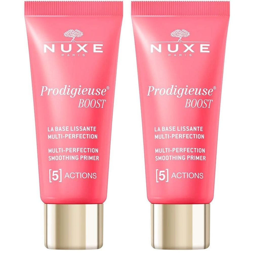 Deux tubes de primer rose. Inscription : Nuxe, Prodigieuse Boost, La Base Lissante Multi-Perfection, Multi-Perfection Smoothing Primer, [5] Actions.