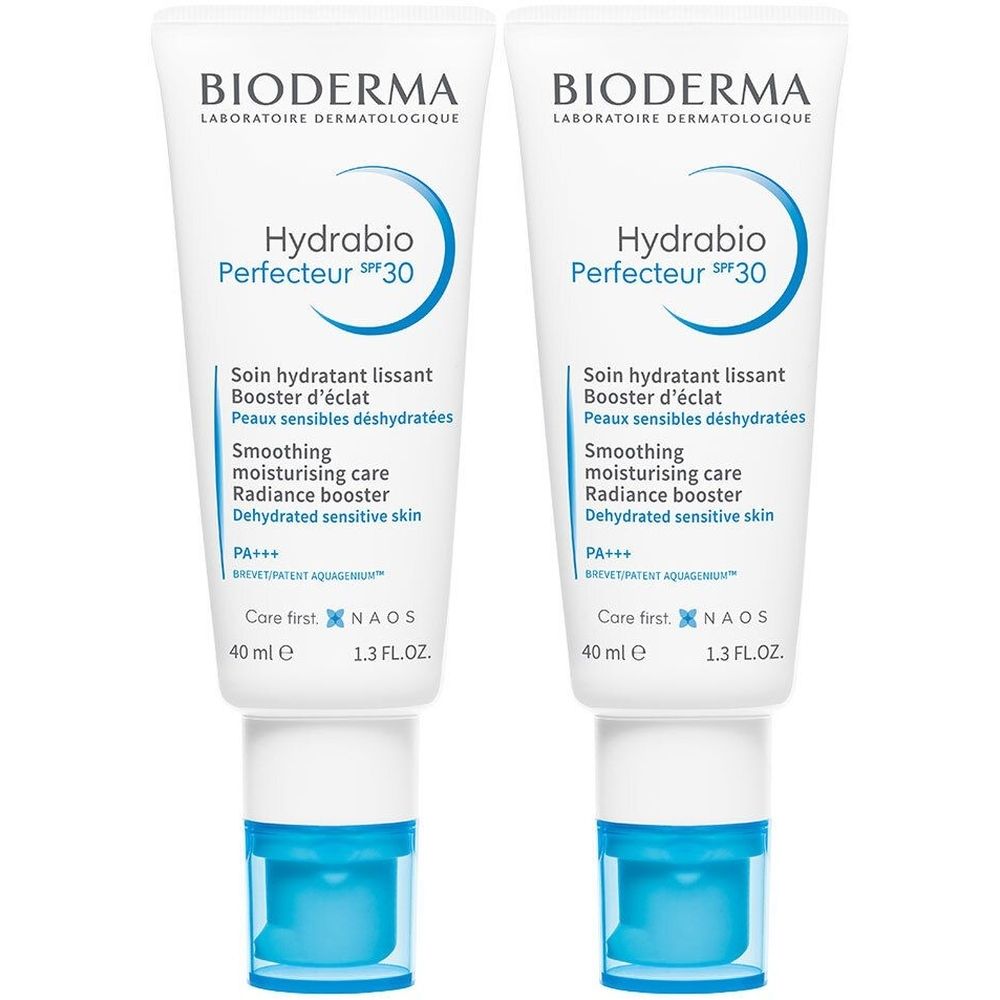Deux tubes de BIODERMA Hydrabio Perfecteur SPF 30. Tubes blancs avec texte bleu et bouchon. Contient 40 ml.