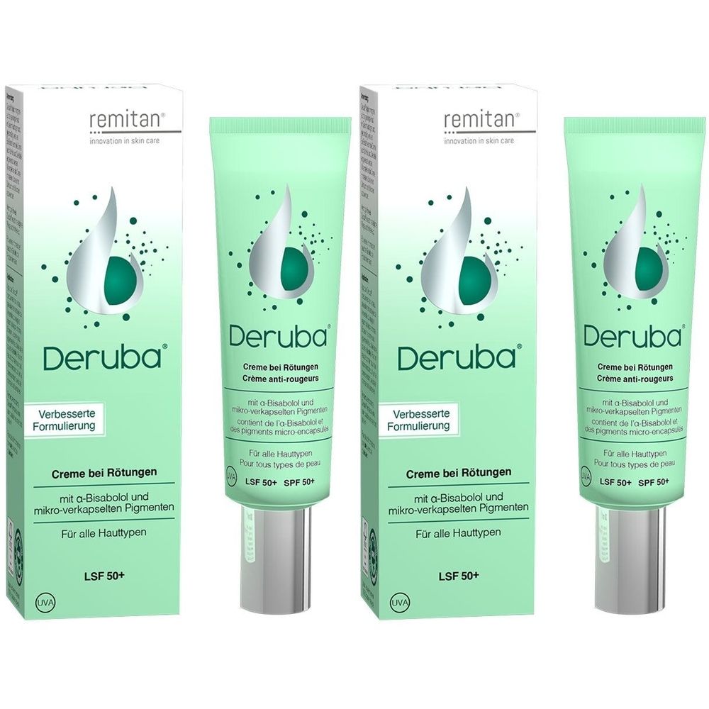 Trois tubes et deux boîtes de crème Deruba. Design vert et blanc. Texte: Crème anti-rougeurs, SPF 50+.