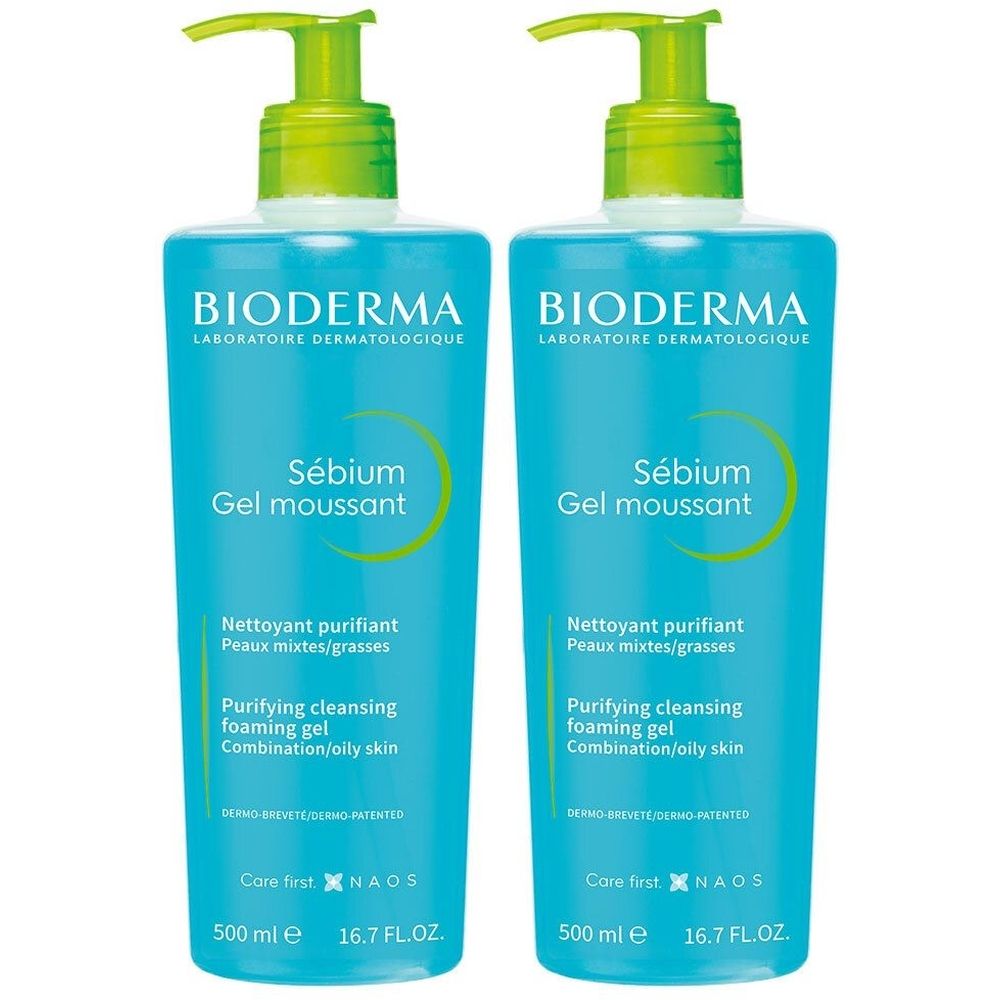 Deux flacons bleus avec pompe verte. Inscription: BIODERMA, Sébium Gel moussant. Texte: Nettoyant purifiant, Peaux mixtes/grasses, 500 ml.
