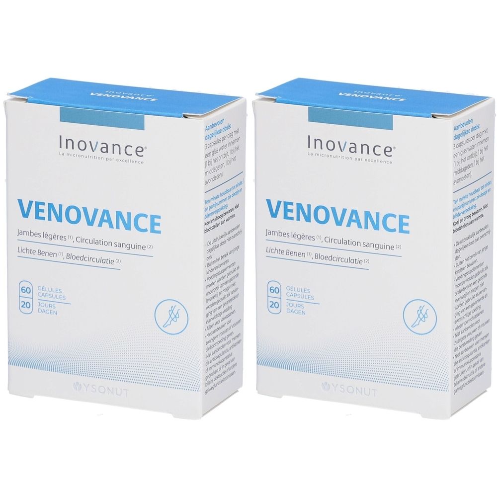 Deux boîtes de "VENOVANCE". Emballage blanc et bleu. Inscription : "Jambes légères, Circulation sanguine". Contient 60 gélules.