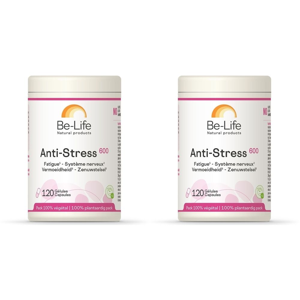 Deux flacons blancs "Be-Life Anti-Stress 600". Inscription: "Fatigue - Système nerveux". 120 gélules. 100% végétal.