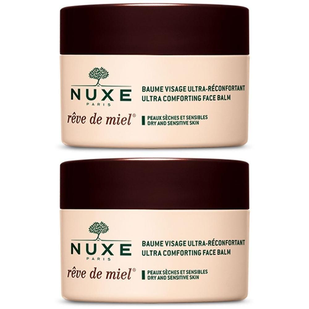 Deux pots de Baume Visage Ultra-Réconfortant NUXE Rêve de Miel®. Pots beiges avec couvercles marron. Inscription: NUXE, Rêve de Miel, Baume.