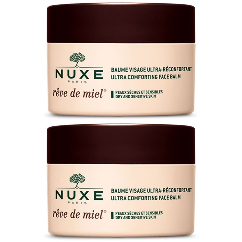 Deux pots de crème. Récipients beiges avec couvercles marron. Inscription: Nuxe, Rêve de Miel, Baume Visage Ultra-Réconfortant.