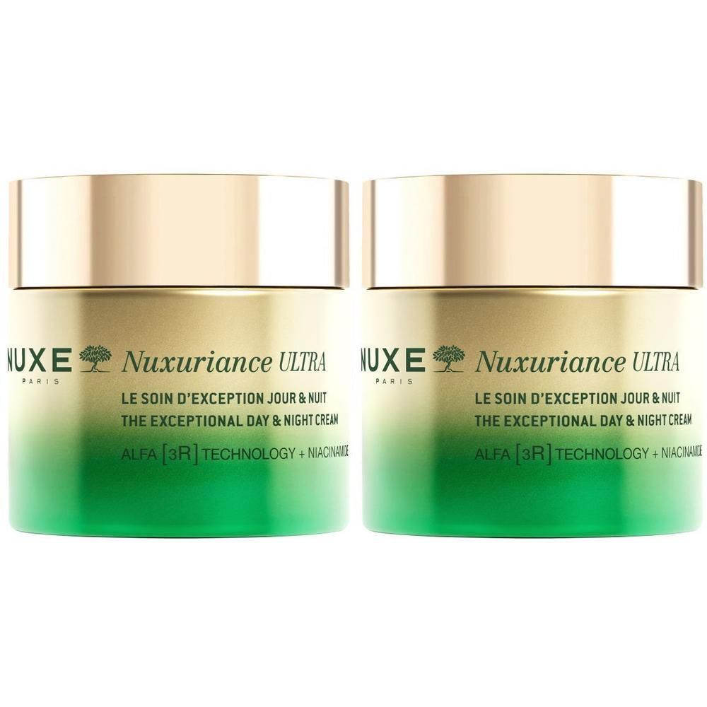 Deux pots Nuxe Nuxuriance Ultra. Couvercles dorés, pots verts. Inscription Nuxe Paris, The exceptional day & night cream.