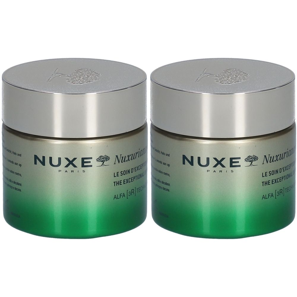 Deux pots avec couvercles argentés et dégradé vert-blanc. Inscription : NUXE, Nuxuriance Ultra, Le soin d'exception.