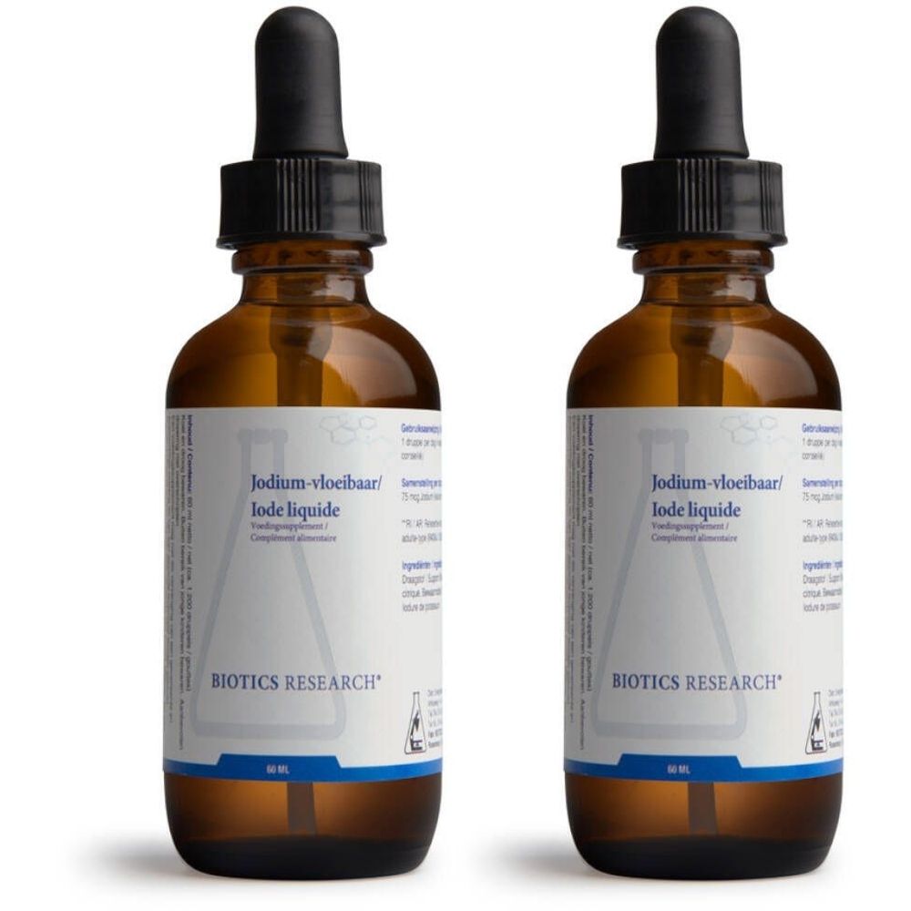 Deux flacons en verre brun avec compte-gouttes. Étiquettes avec "Jodium-vloeibaar/Iode liquide" et "BIOTICS RESEARCH".