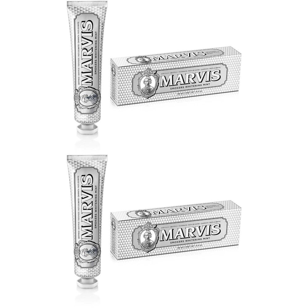 Deux tubes et deux boîtes de dentifrice. Inscription MARVIS. Emballage argenté.