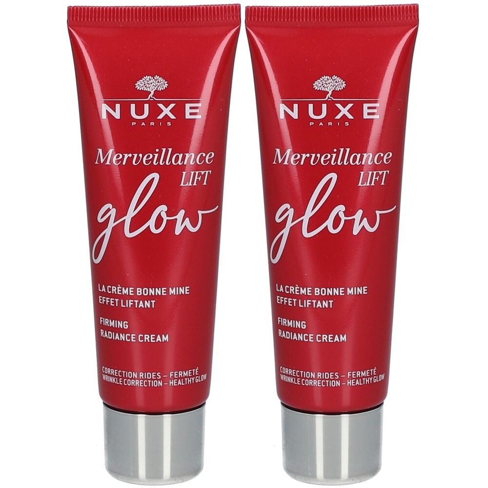 Deux tubes de Nuxe Merveillance Lift Glow. Tubes rouges avec texte blanc. Crème pour un teint éclatant.