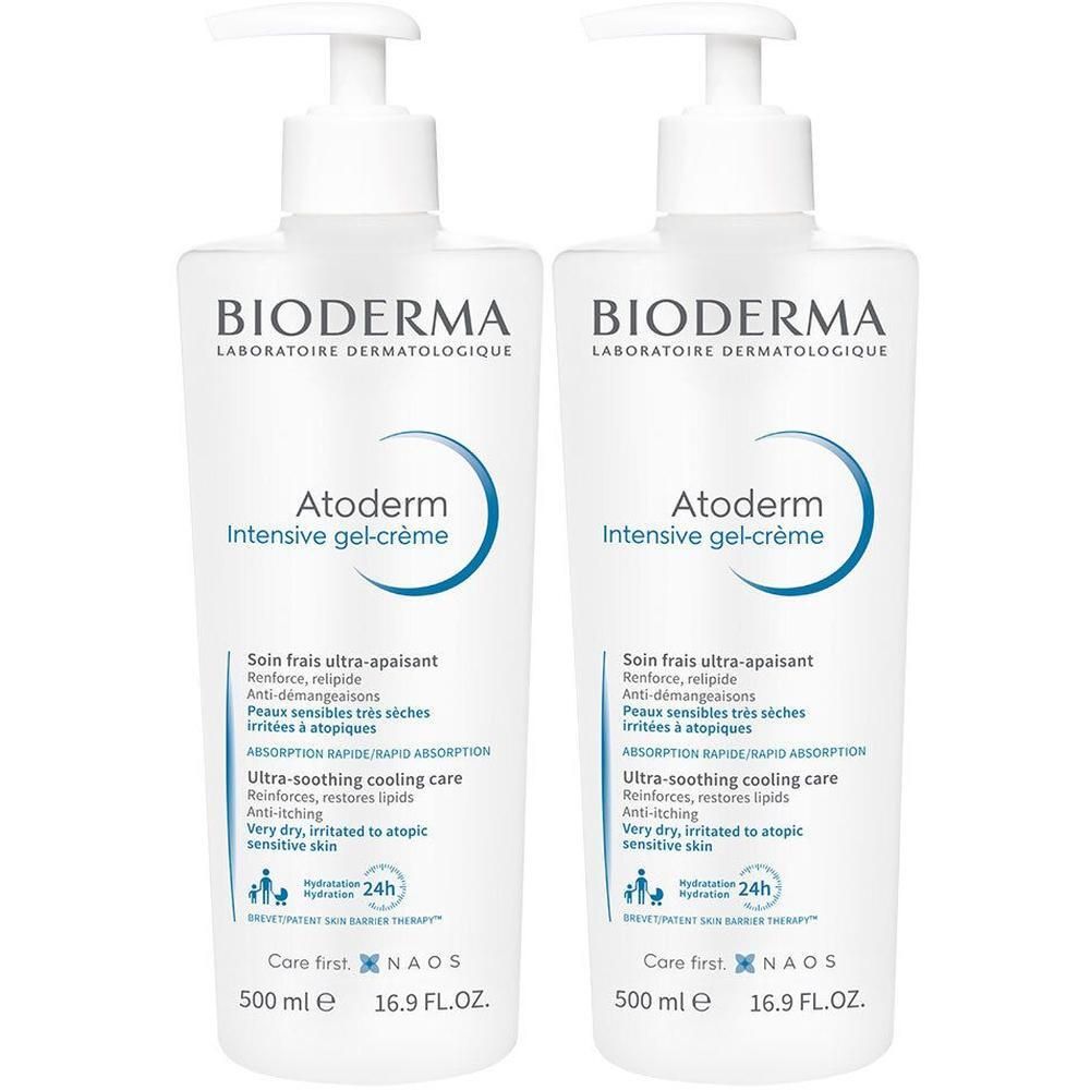 Deux flacons pompe blancs Bioderma Atoderm Intensif Gel-Crème, 500 ml.