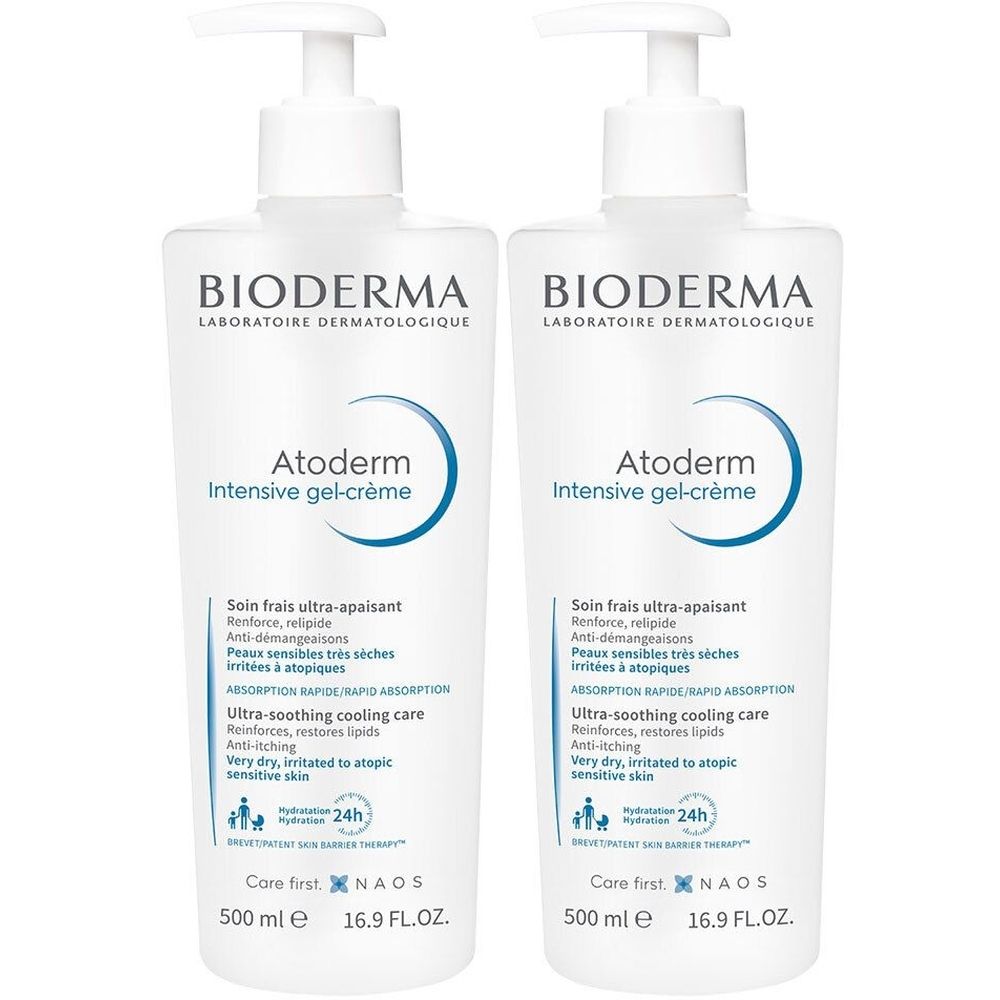 Deux flacons blancs avec pompe. Inscription: BIODERMA, Atoderm Intensive gel-crème. Texte: Soin ultra-apaisant, 500 ml.