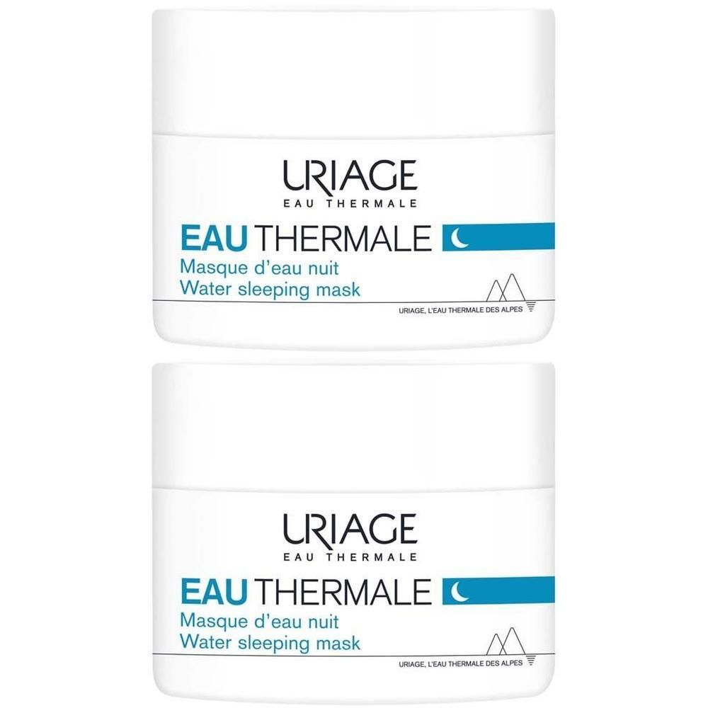 Deux pots blancs avec texte bleu. Inscription: Uriage Eau Thermale, Masque d'eau nuit, Water sleeping mask.