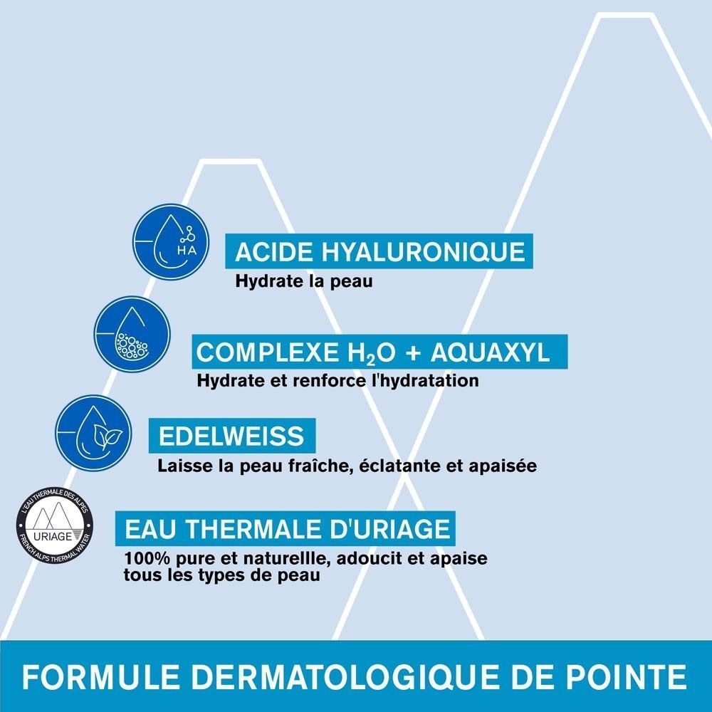 Gros plan sur un visage. Texte: +58% d'hydratation, La peau est régénérée comme après 8 heures de sommeil.