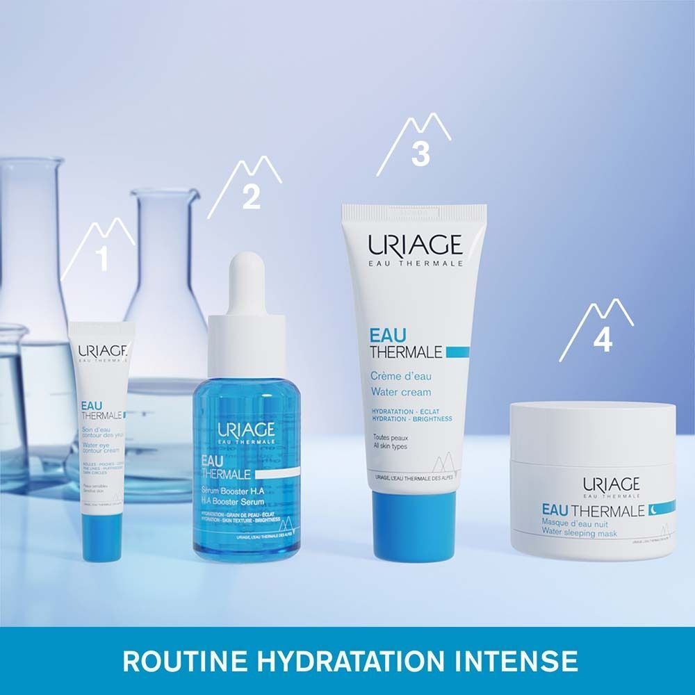 Paysage avec montagnes et lac. Texte: Testé dermatologiquement, Adapté à tous les types de peaux, Non comédogène.