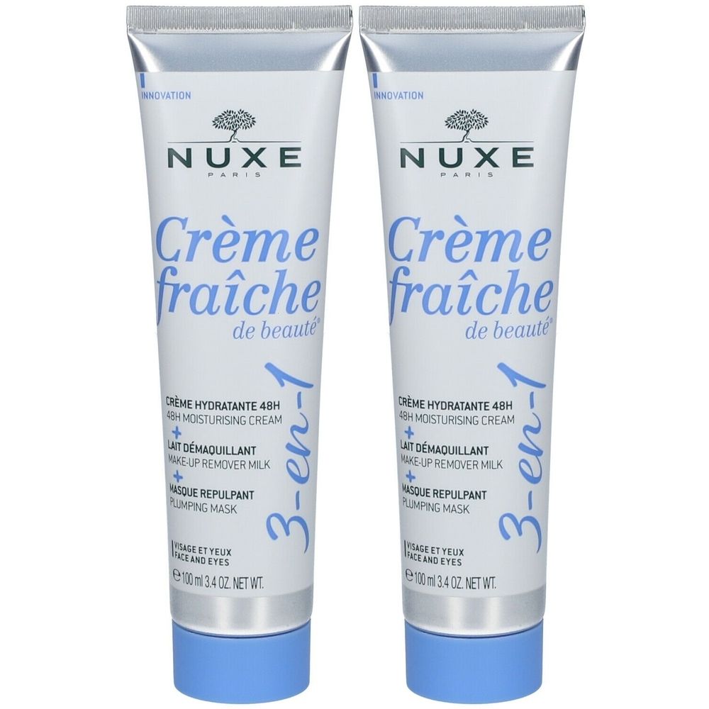 Deux tubes de crème. Inscription: Nuxe Crème fraîche de beauté 3-en-1. Crème Hydratante 48h, Lait Démaquillant, Masque Repulpant.