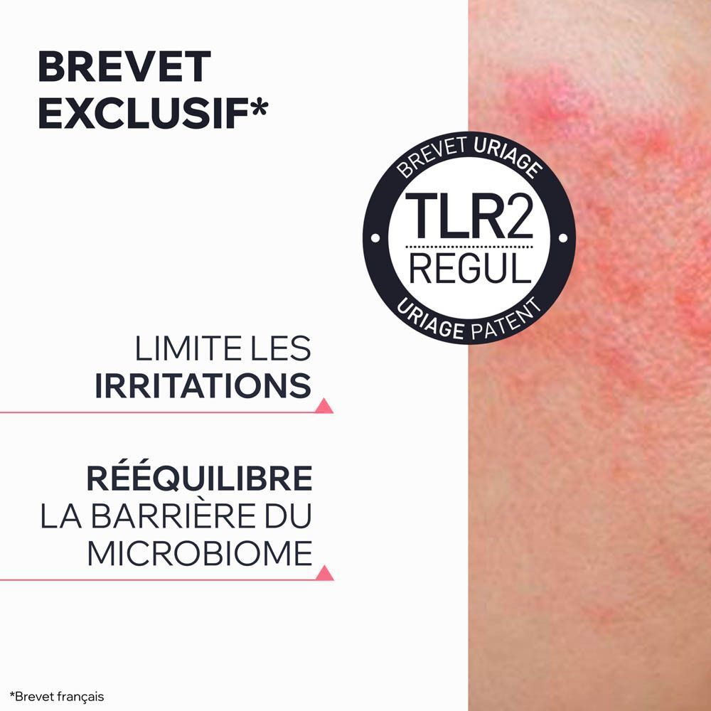 Gros plan d'une section de peau. Texte: Brevet Exclusif, TLR2 Regul, limite les irritations.