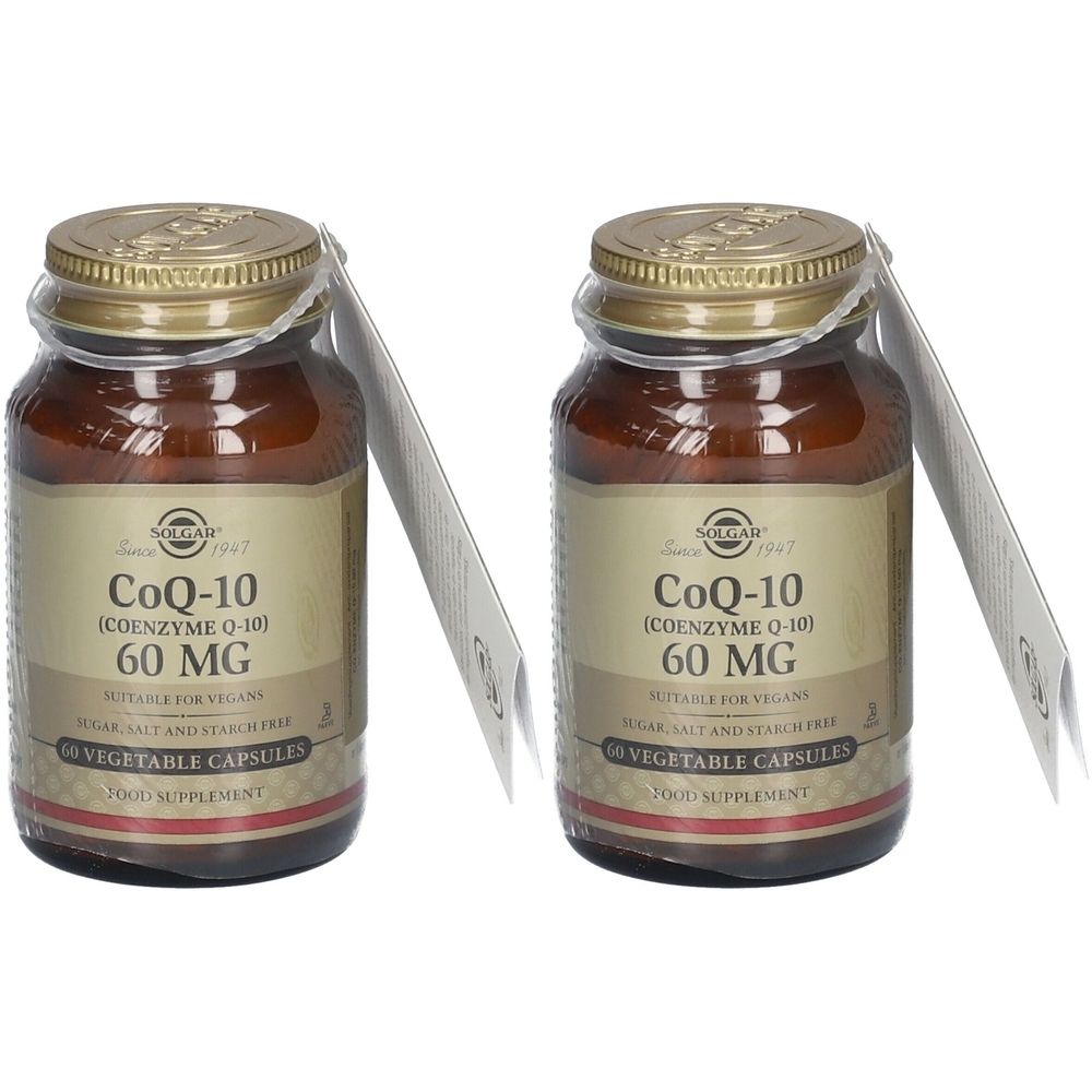 Deux flacons en verre brun de SOLGAR CoQ-10 60 mg. Étiquettes avec informations sur le produit. Bouchons transparents et étiquettes.