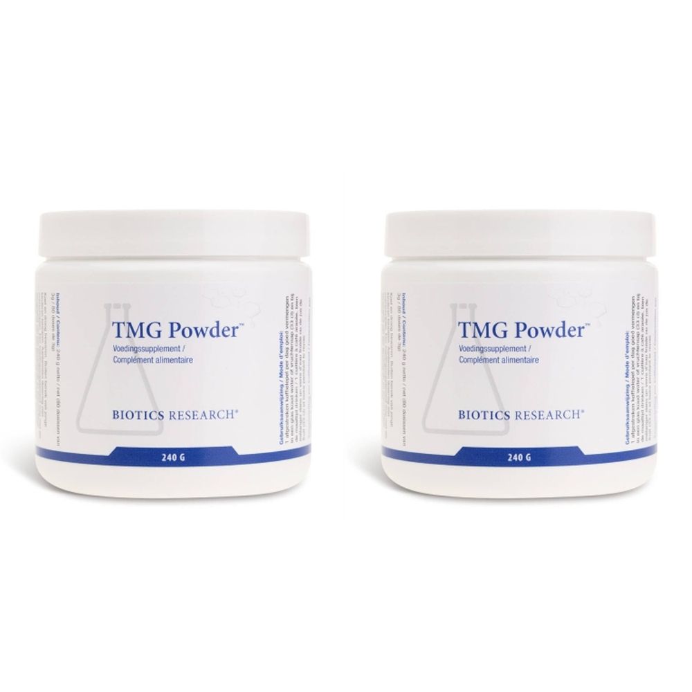 Deux pots blancs avec couvercles. Inscription : TMG Powder, Biotics Research. 240 g.