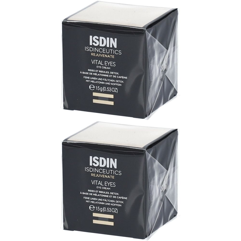 Deux boîtes carrées avec l'inscription ISDIN Isdinceutics Vital Eyes. Emballage avec informations sur le produit et poids.