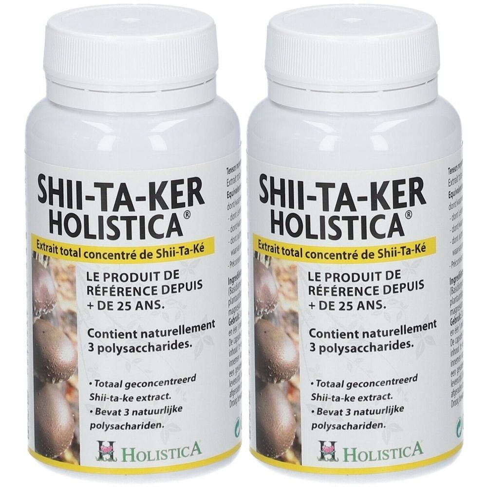 Deux flacons blancs SHII-TA-KER HOLISTICA. Texte : Extrait total concentré de Shii-Ta-Ke. Contient 3 polysaccharides. Marque HOLISTICA.