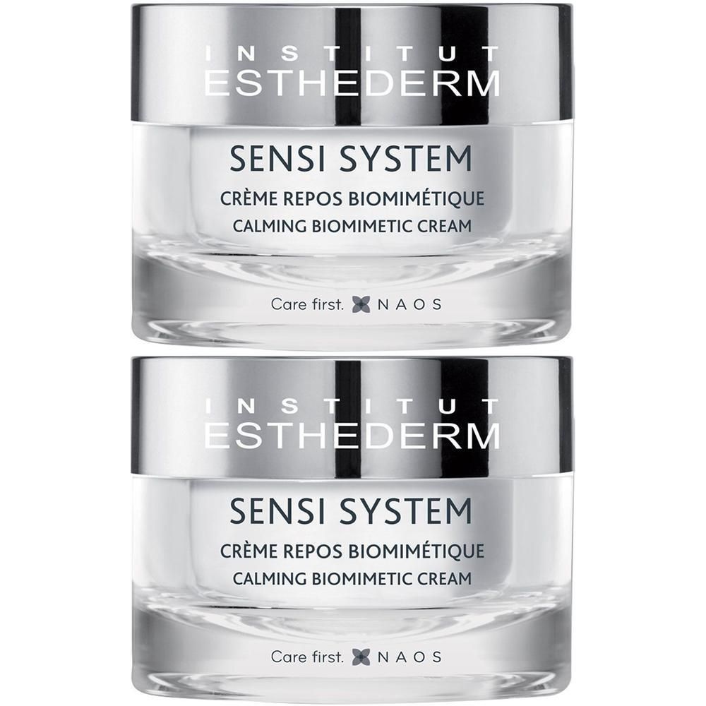 Deux pots de crème SENSI SYSTEM. Inscription: INSTITUT ESTHEDERM, CRÈME REPOS BIOMIMÉTIQUE, CALMING BIOMIMETIC CREAM.