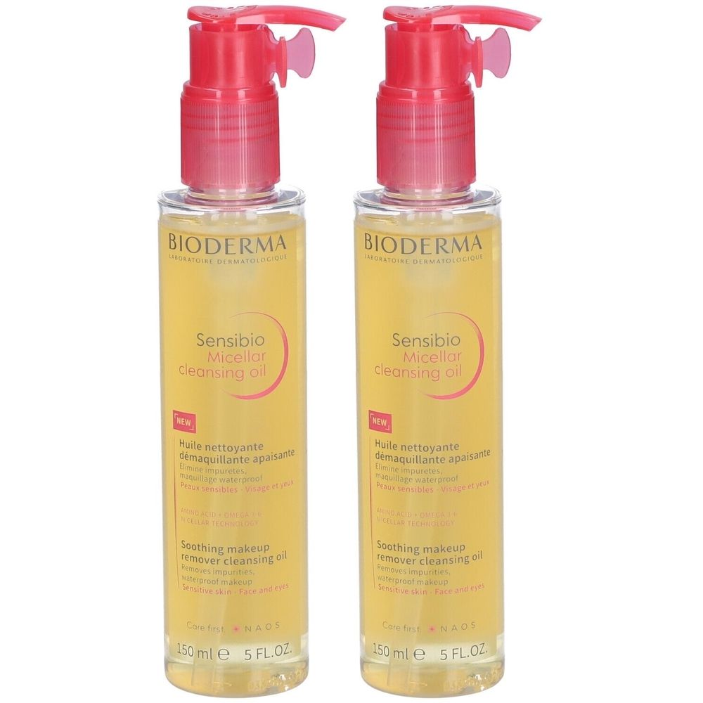 Deux flacons avec pompe rose. Inscription: BIODERMA, Sensibio Micellar cleansing oil. Liquide jaune.