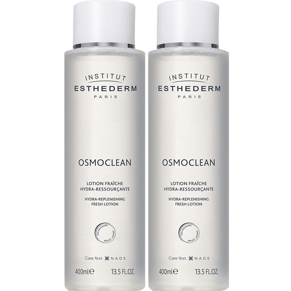 Deux flacons de lotion Osmoclean. Bouchon blanc, bague argentée. Texte: Institut Esthederm, Osmoclean, 400ml, 13.5 FL.OZ.