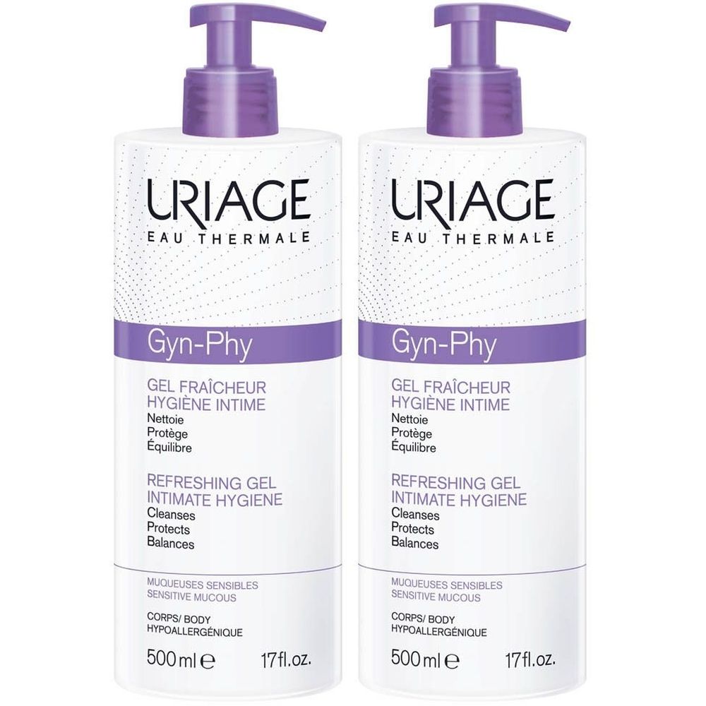 Deux flacons de gel intime Uriage Gyn-Phy avec pompe. Inscription : Gyn-Phy, Gel Fraîcheur, Hygiène Intime. 500 ml.