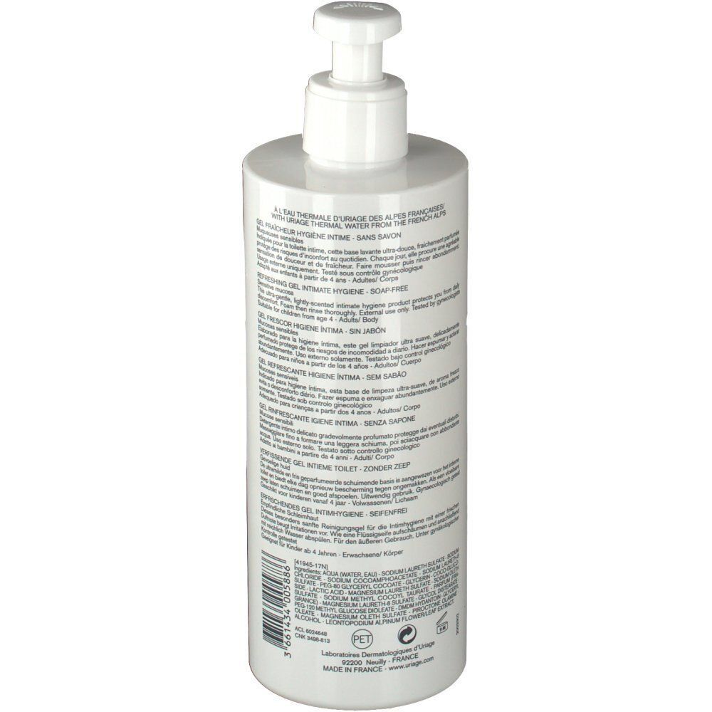 Arrière d'un flacon de gel d'hygiène intime Uriage Gyn-Phy avec ingrédients.
