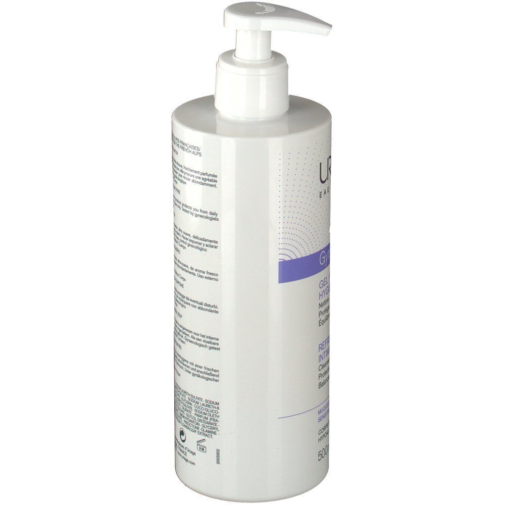 Un flacon de gel d'hygiène intime Uriage Gyn-Phy, vue latérale en biais.