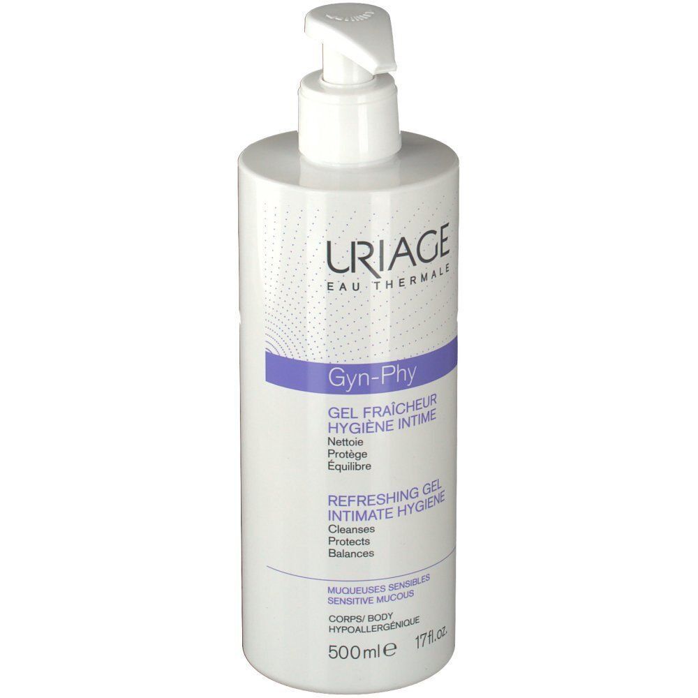 Un flacon de gel d'hygiène intime Uriage Gyn-Phy avec pompe.