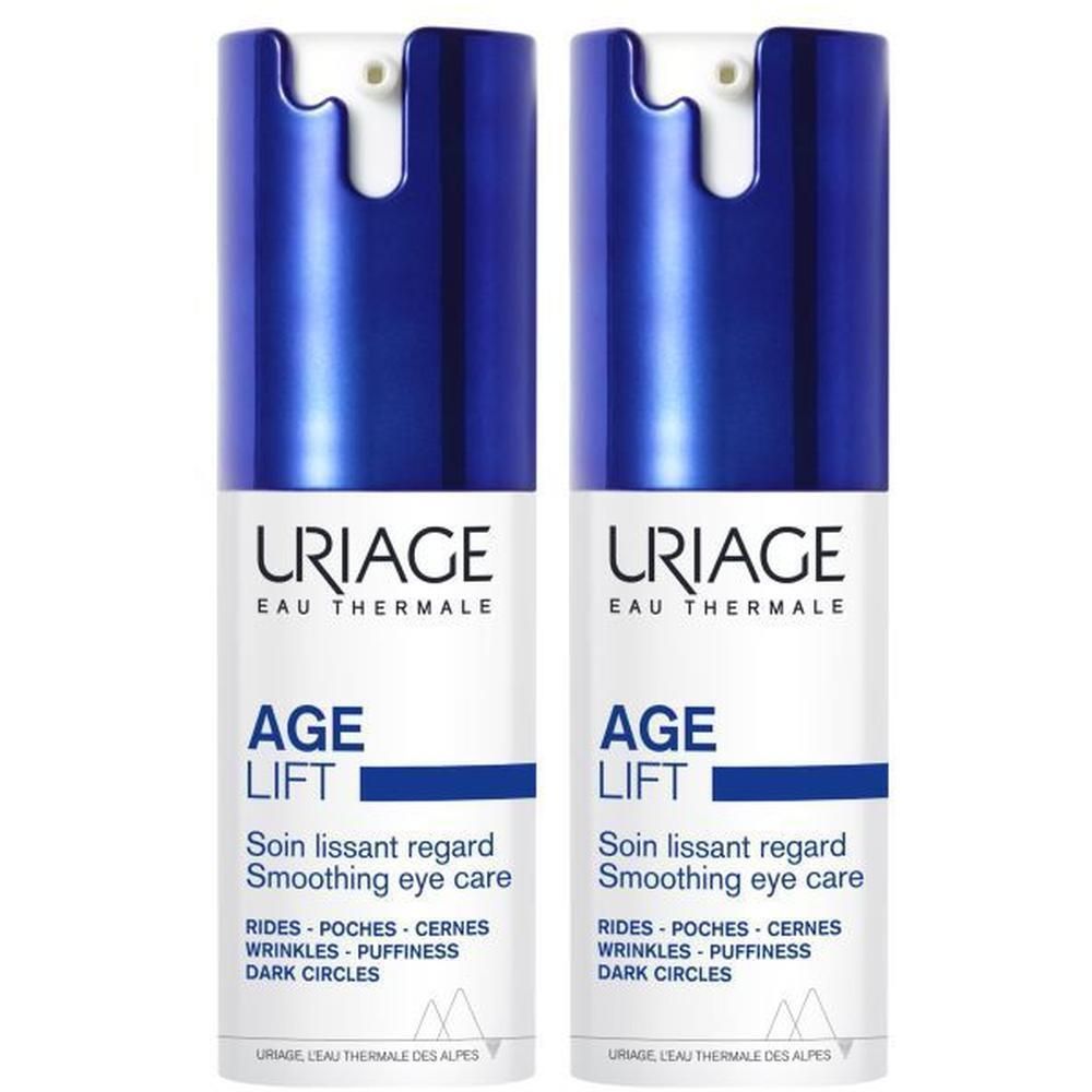 Deux tubes Uriage Age Lift. Bouchon bleu, corps blanc. Texte: Age Lift, Soin lissant regard, Smoothing eye care.