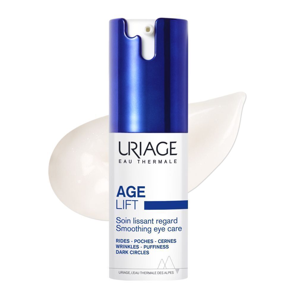 Tube Uriage Age Lift. Bouchon bleu, corps blanc. Texte: Age Lift, Soin lissant regard. Goutte de crème.