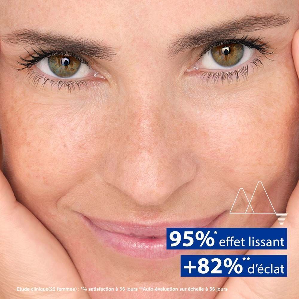 Gros plan sur un visage. Texte: 95% effet lissant, +82% d'éclat.