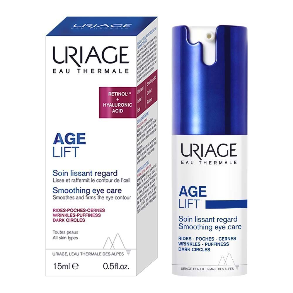Tube et emballage Uriage Age Lift. Texte: Age Lift, Soin lissant regard.
