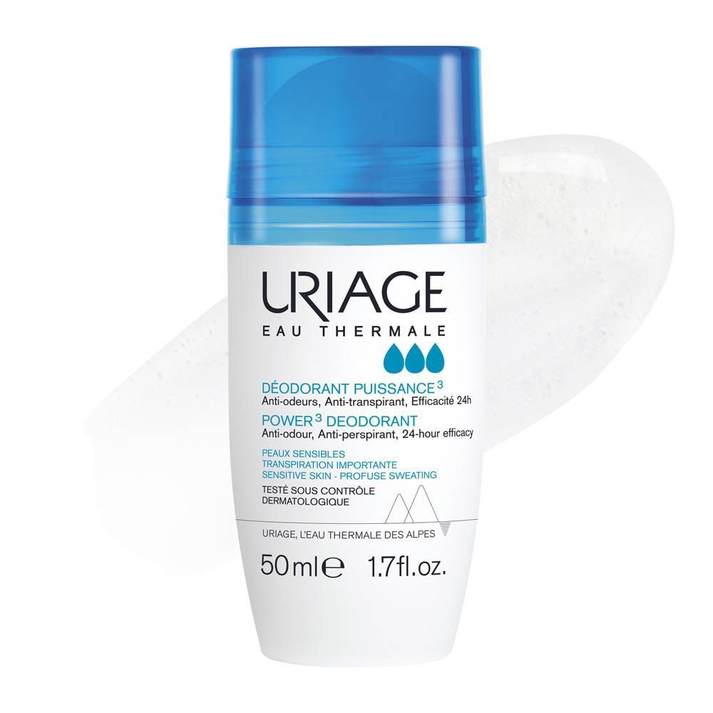 Deux déodorants roll-on blancs avec bouchons bleus. Inscription : URIAGE Eau Thermale, Power3 Déodorant, 50ml.