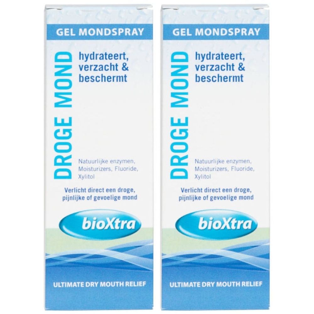 Deux boîtes de spray buccal en gel. Inscription: DROGE MOND, bioXtra. Texte: hydrateert, verzacht & beschermt. Emballage bleu et blanc.
