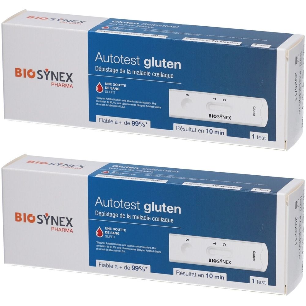 Deux boîtes de test "Autotest gluten". Marque BIOSYNEX. Bandelette de test et résultat en 10 minutes. Fiable à + de 99%.