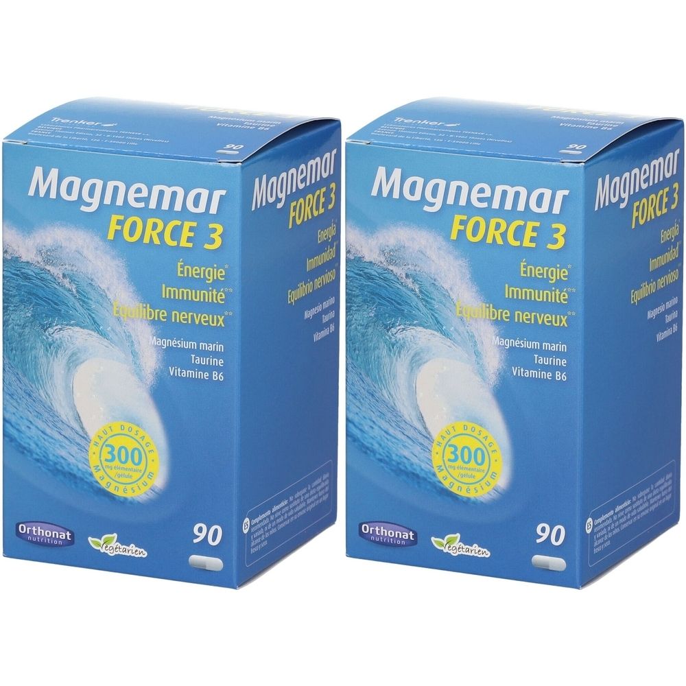 Deux boîtes bleues "Magnemar FORCE 3". Contient 90 comprimés. Inscriptions: Energie, Immunité, équilibre nerveux, magnésium marin, taurine, vitamine B6.