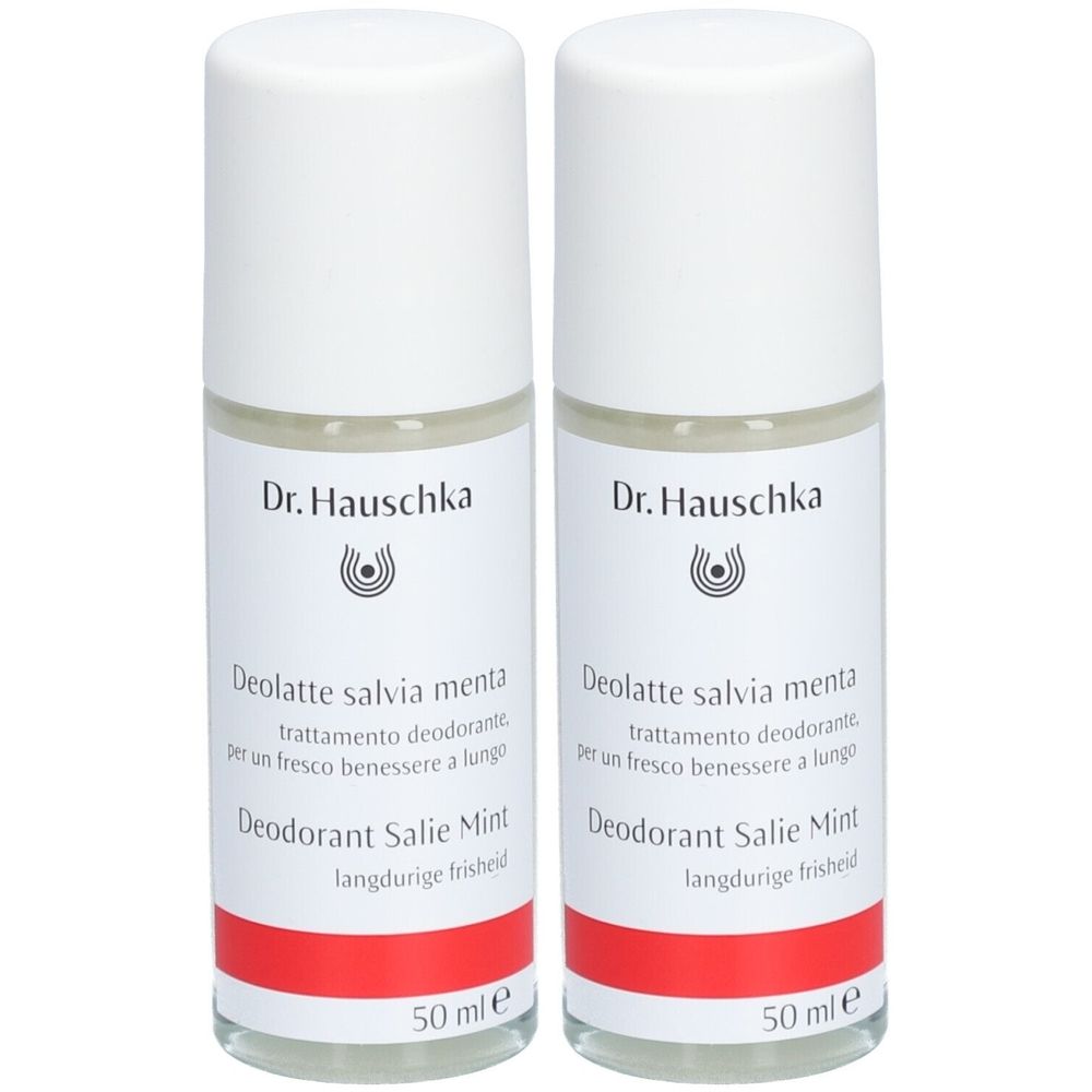 Deux déodorants roll-on avec bouchon blanc et étiquette. Inscription : Dr. Hauschka, Déodorant Salie Mint, 50 ml.