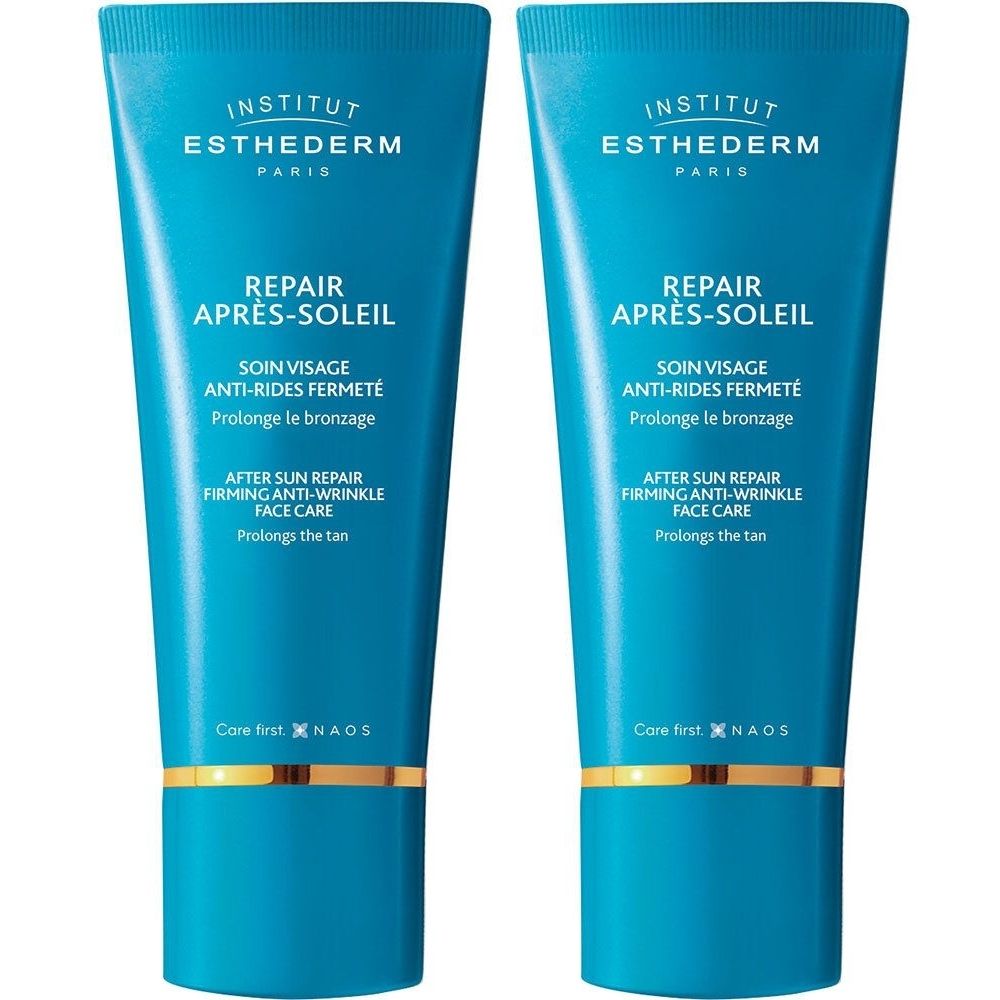 Deux tubes bleus avec texte blanc. Inscription: REPAIR APRÈS-SOLEIL, soin visage anti-rides. Marque: INSTITUT ESTHEDERM.