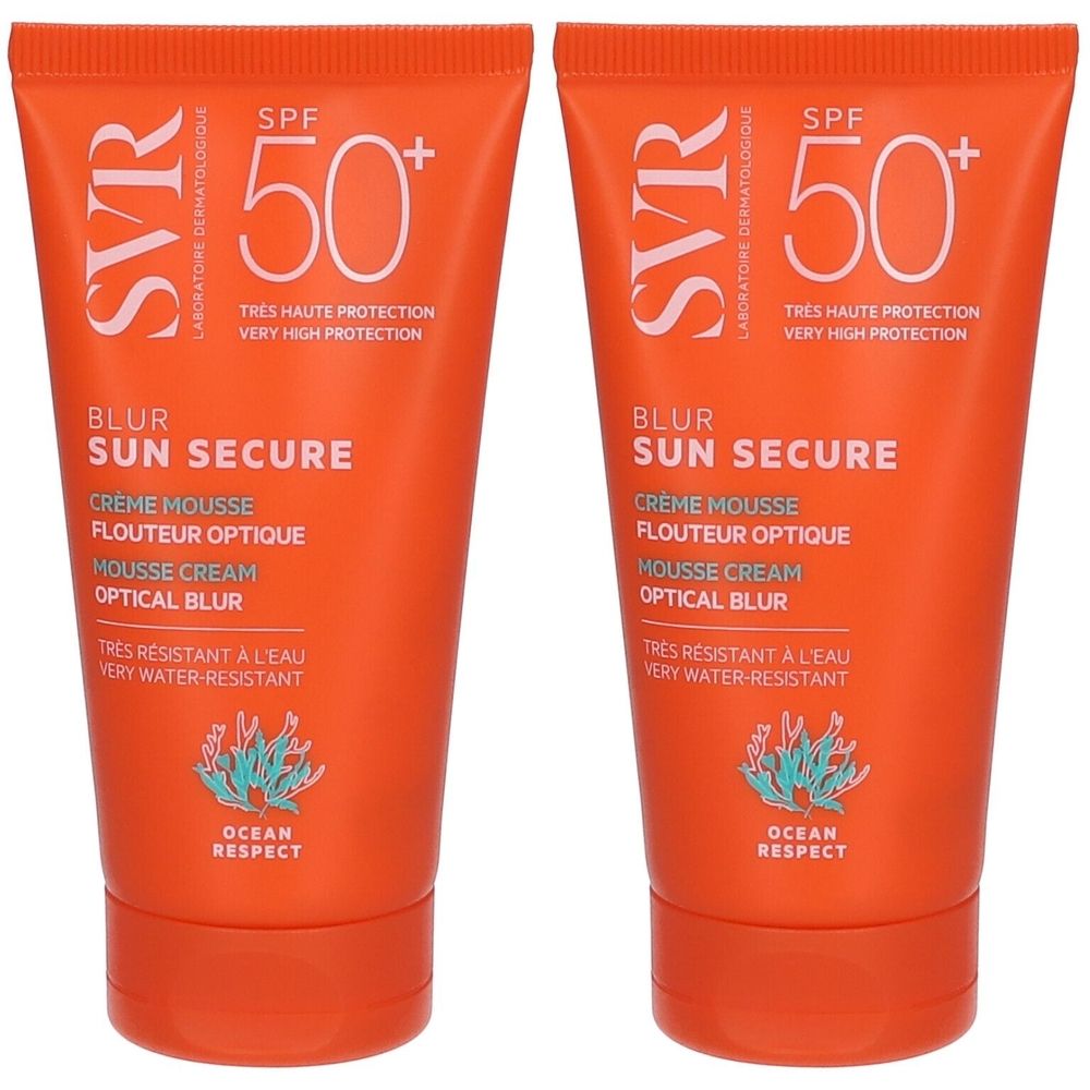 Deux tubes orange avec texte blanc. Inscription: SVR Sun Secure SPF50+ Crème mousse flouteur optique.
