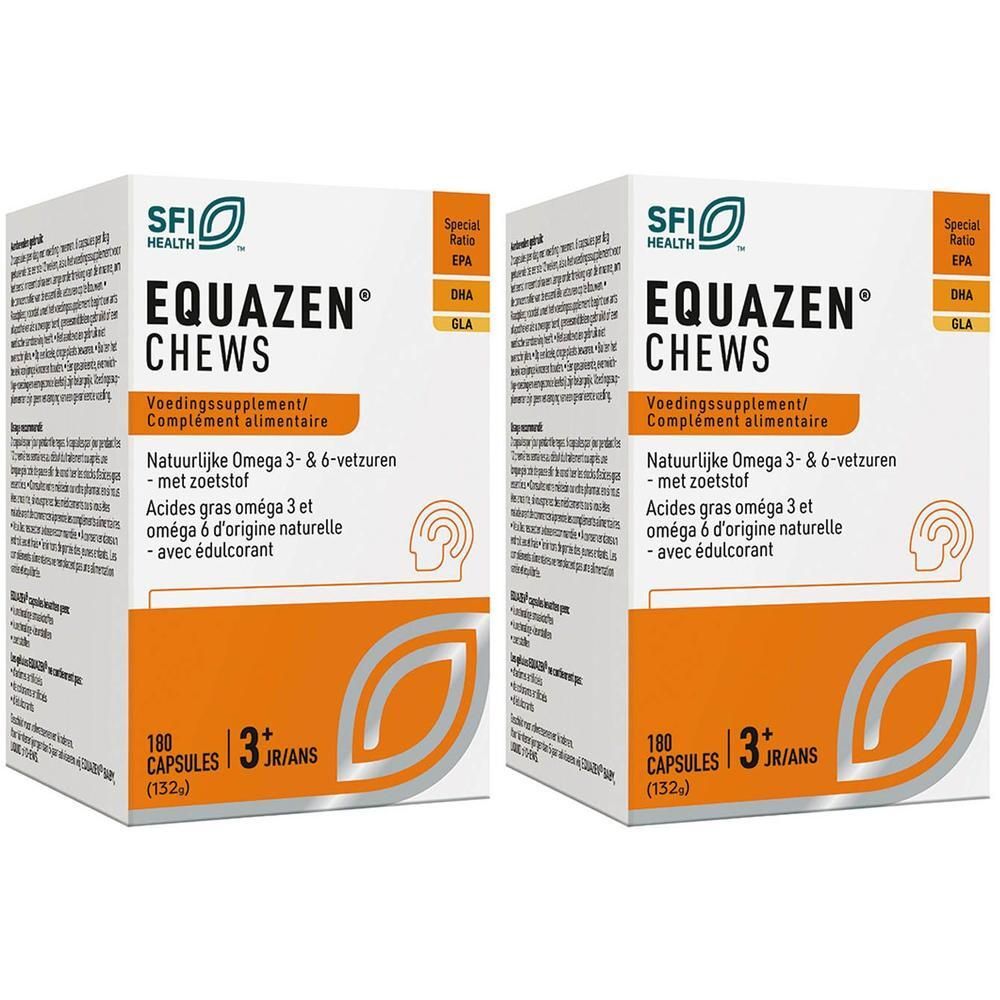 Deux boîtes blanches d'EQUAZEN eye q chews, chacune contient 180 capsules.