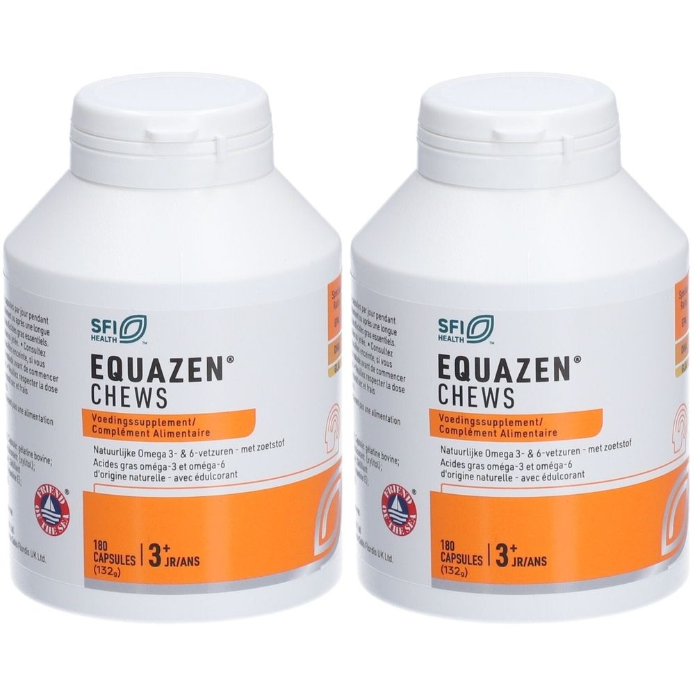 Deux flacons blancs EQUAZEN CHEWS. Étiquettes oranges avec texte. 180 capsules, 3 ans et plus.