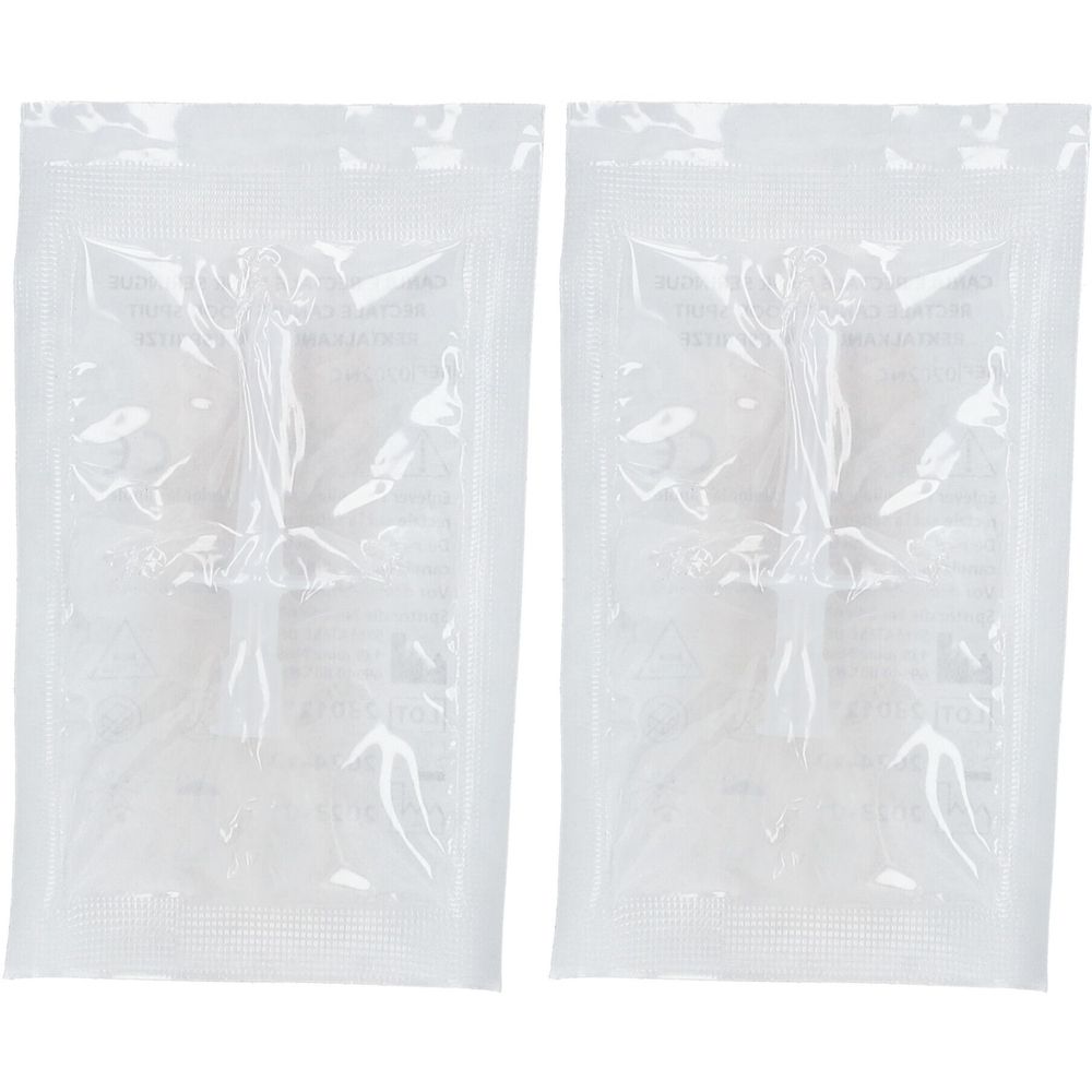 Deux sachets rectangulaires transparents. Contenu translucide. Aucune inscription visible.